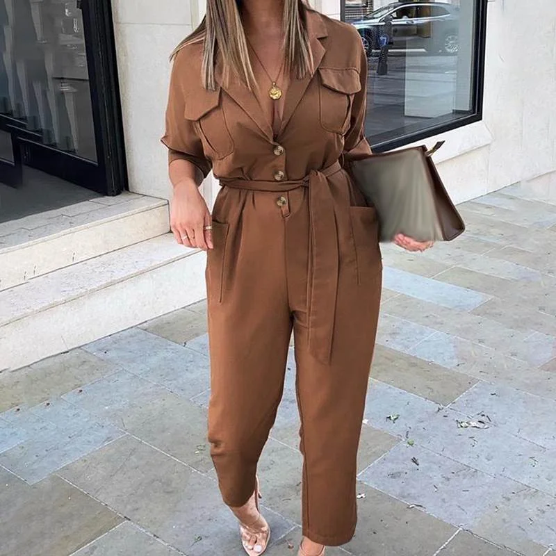 Vintage Cargo Rompers Women's Elegant Office Jumpsuits Celmia 2022 Autumn Long Sleeve Suit Collar Casual Solid Work Playsuits 7
