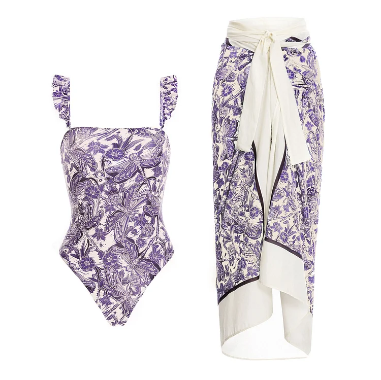 Dragonfly Printed Purple Swimsuit and Sarong Flaxmaker