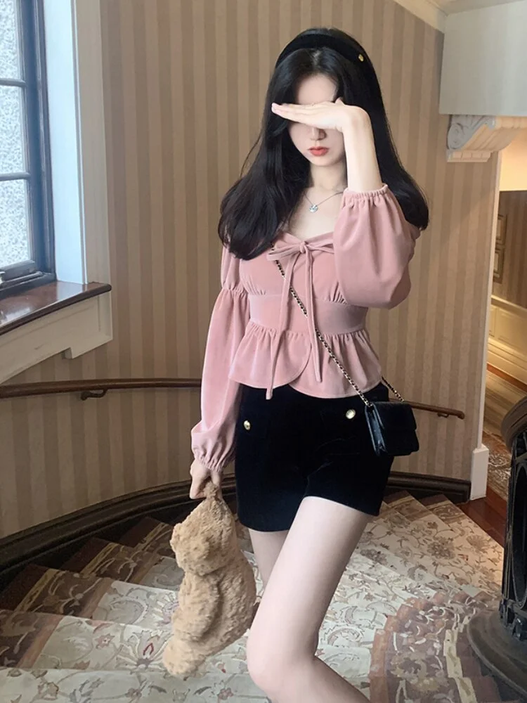 Tlbang Pink Elegant Blouse Women Bow Solid Casual Designer Blouse Female Long Sleeve Korean Fashion Chic Slim Tops 2023 New