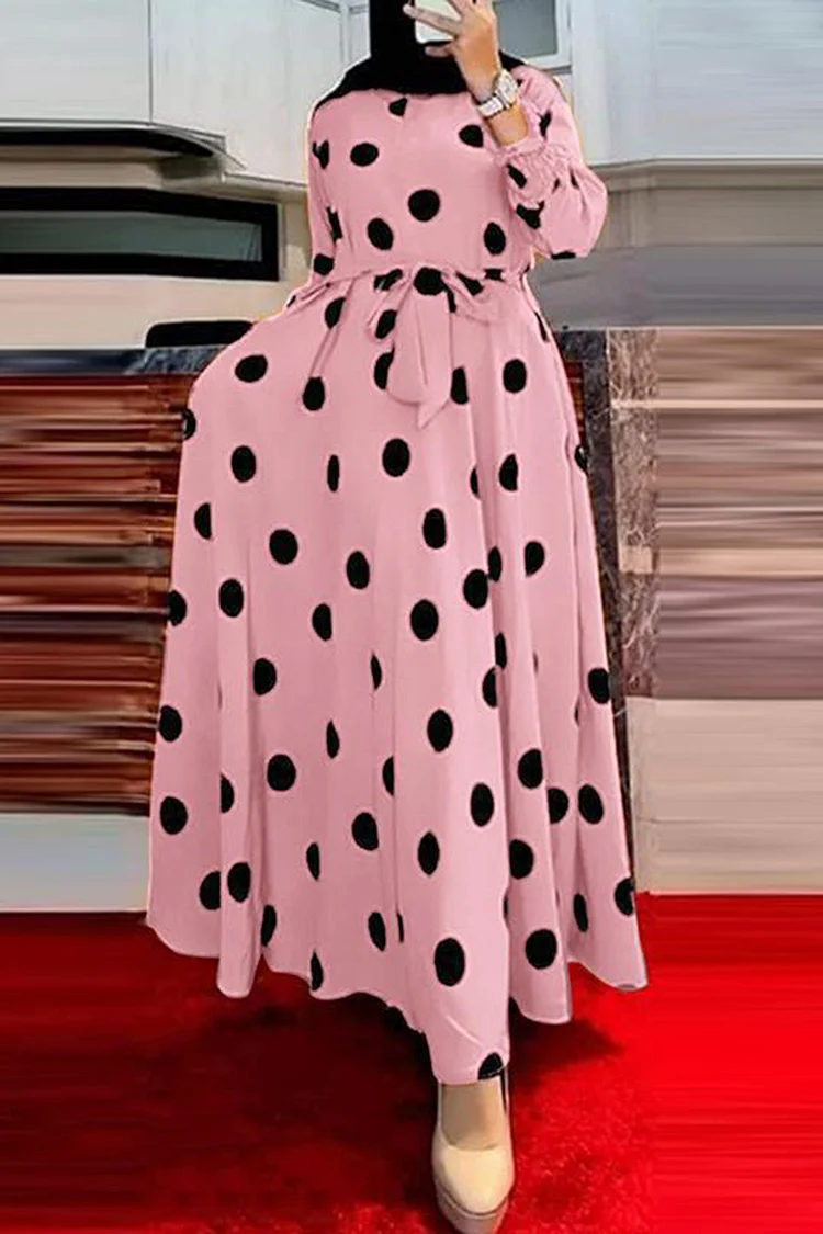 Polka Dot Bow Long Sleeve Maxi Dress