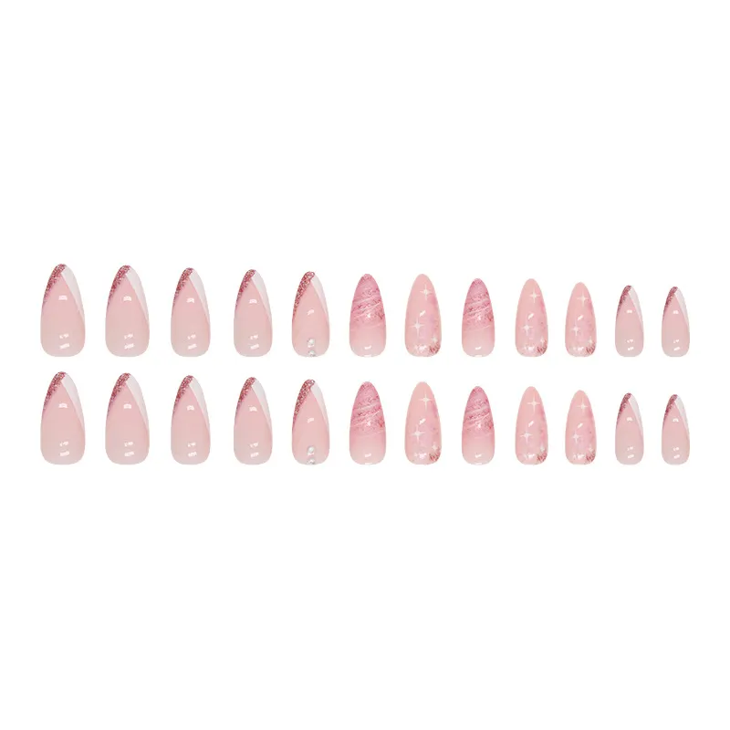 Churchf Churchf Double Spell Flash Powder French Nail White Star Lovely Pink Tender Diamond Fake Nail Wear Nail Finished Product
