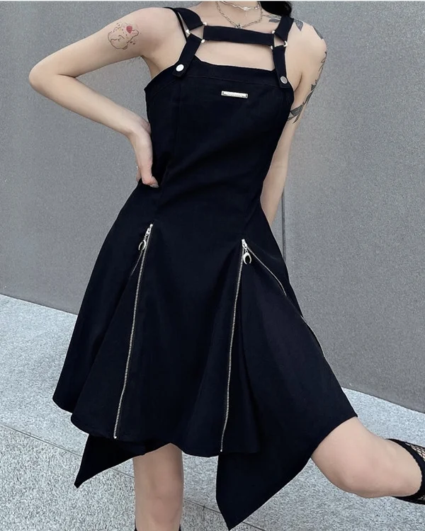 Dark Black Cutout Zipper Asymmetrical Dress