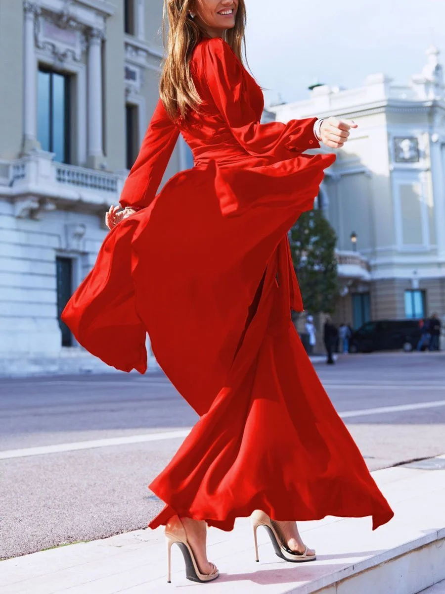 V Neck Wrap Sashes Sexy Elegant Split Long Sleeve Dress