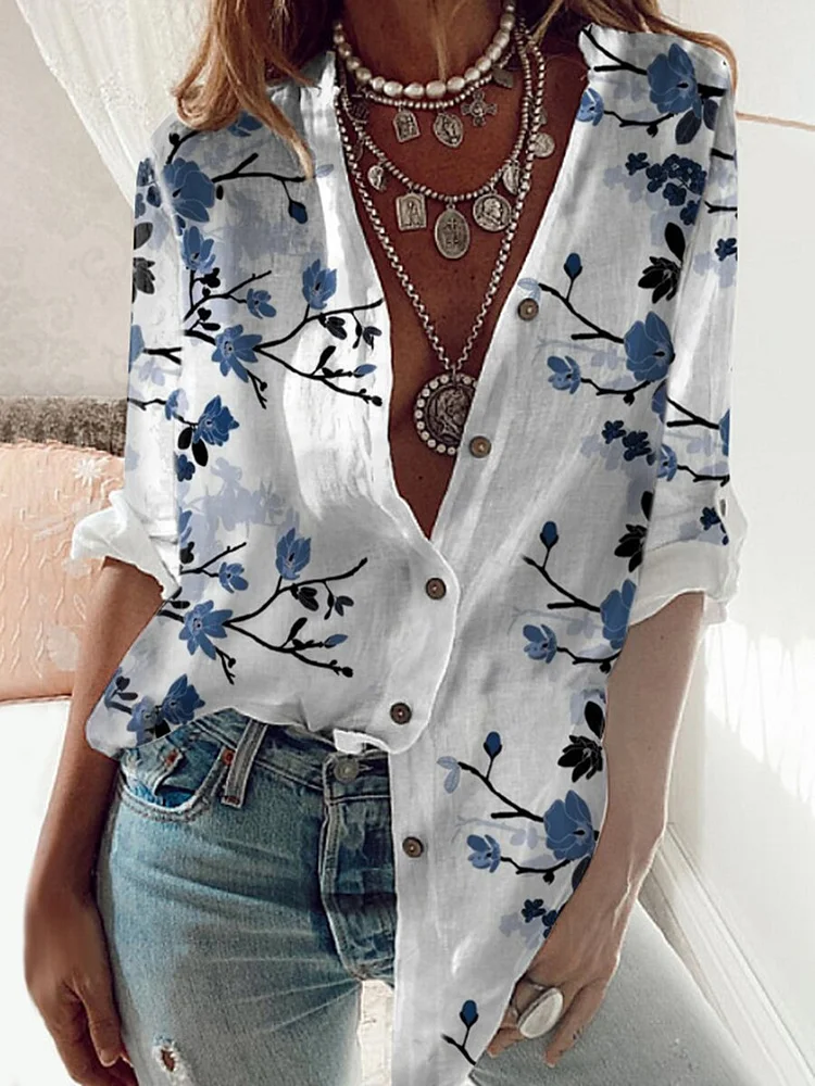 Casual Long Sleeve Stand Collar Cotton Blouse