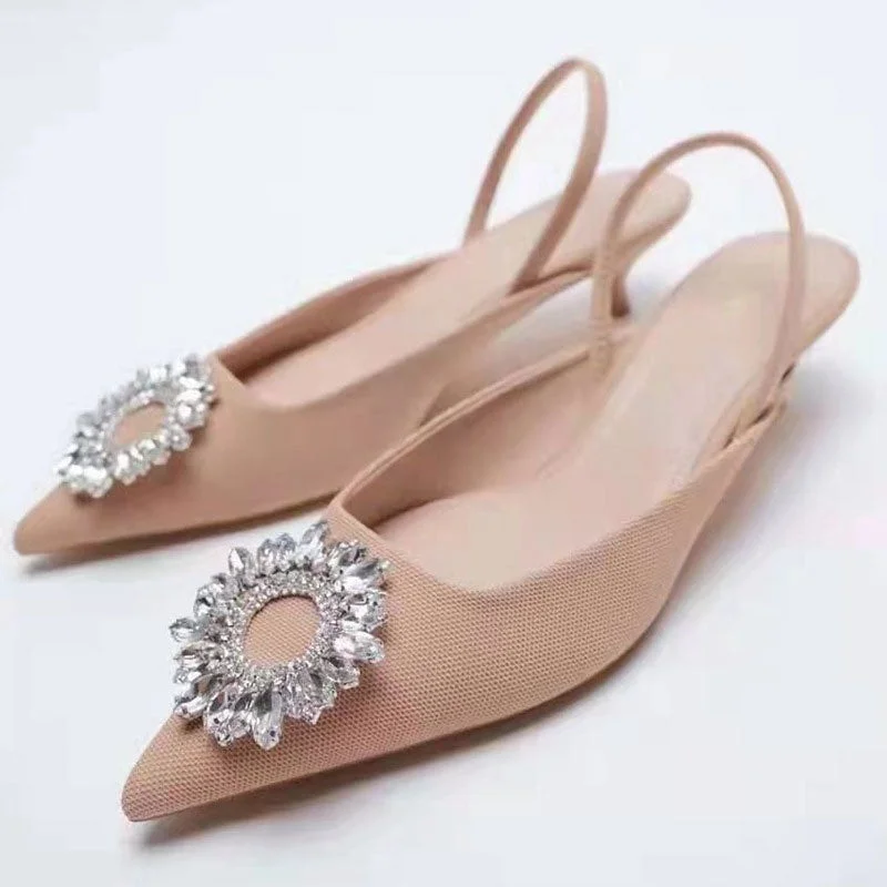 ZA Summer Ladies Sandals Kitten Heel Crystal Pointed High Heel Slingback Dress Wedding Shoes Women Pump Mules