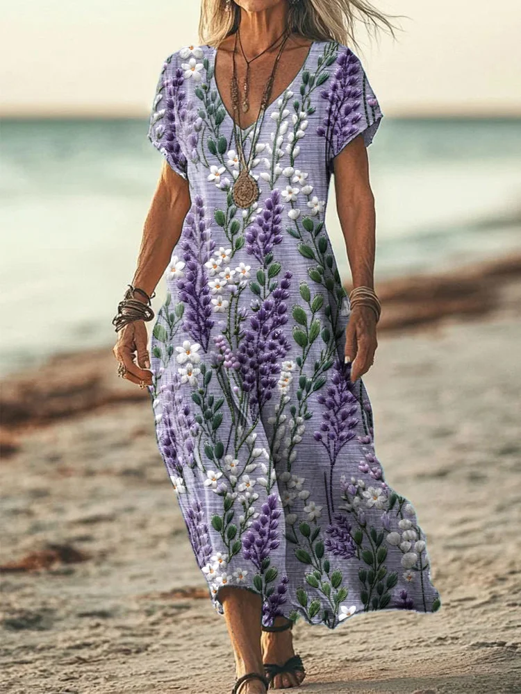 Women's Lavender Floral Embroidered Linen Blend Dress