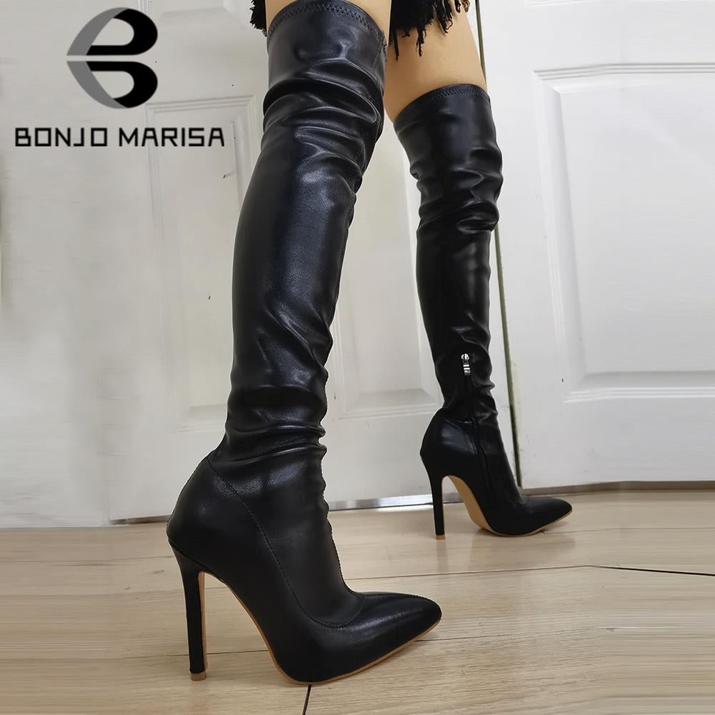 BONJOMARISA INS Hot Sale Pointed Toe Thin High Heels Over The Knee Thigh High Boots For Women Long Boots With Zipper Size 42