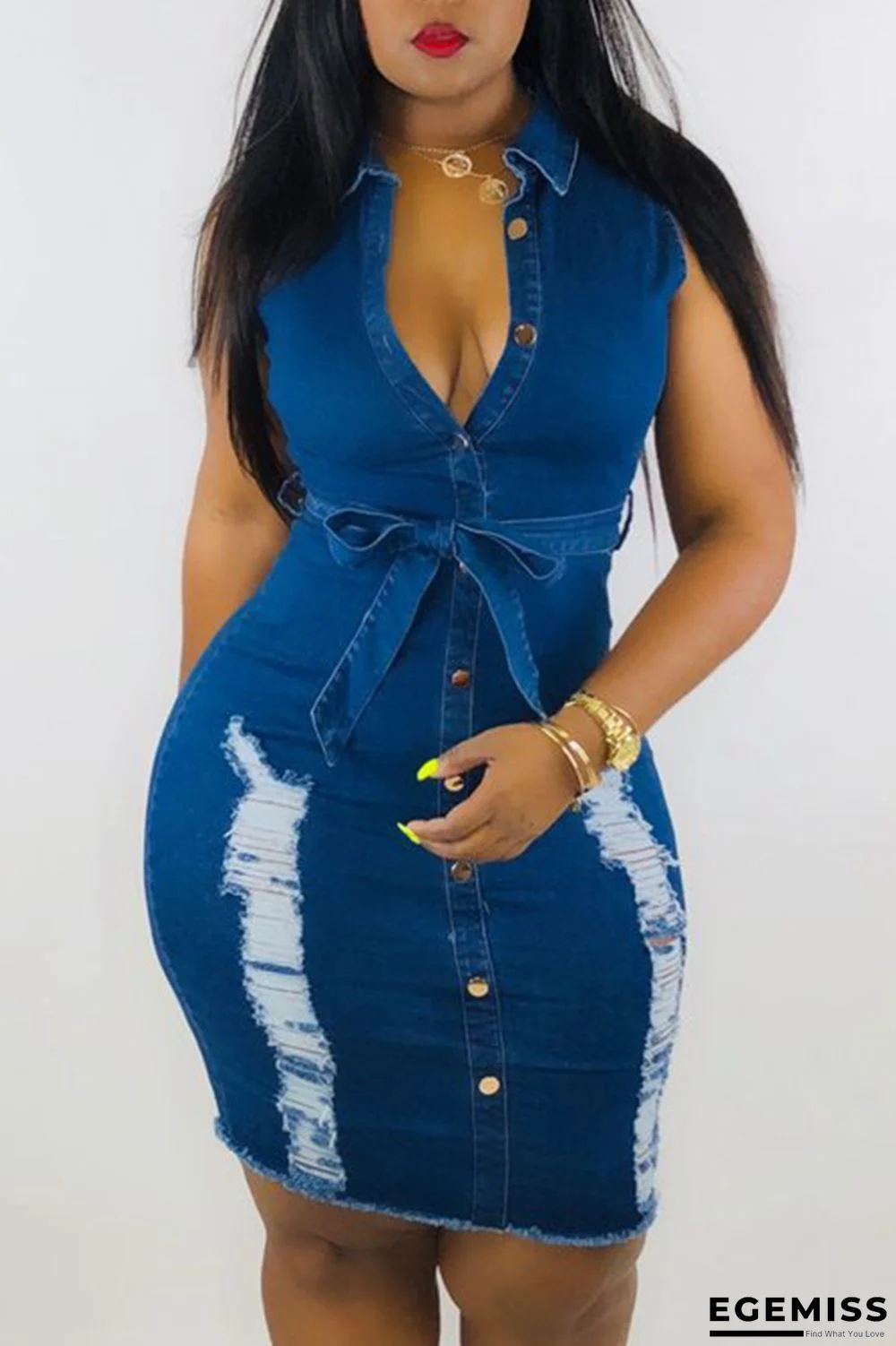 Blue Sexy Sleeveless Grinding Hole Cowboy Dress | EGEMISS