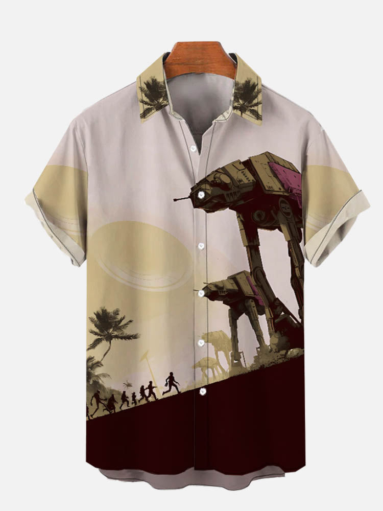 Tech Psychedelic Full Action Armored Walker Print Short Sleeve Shirt PLUSCLOTHESMAN