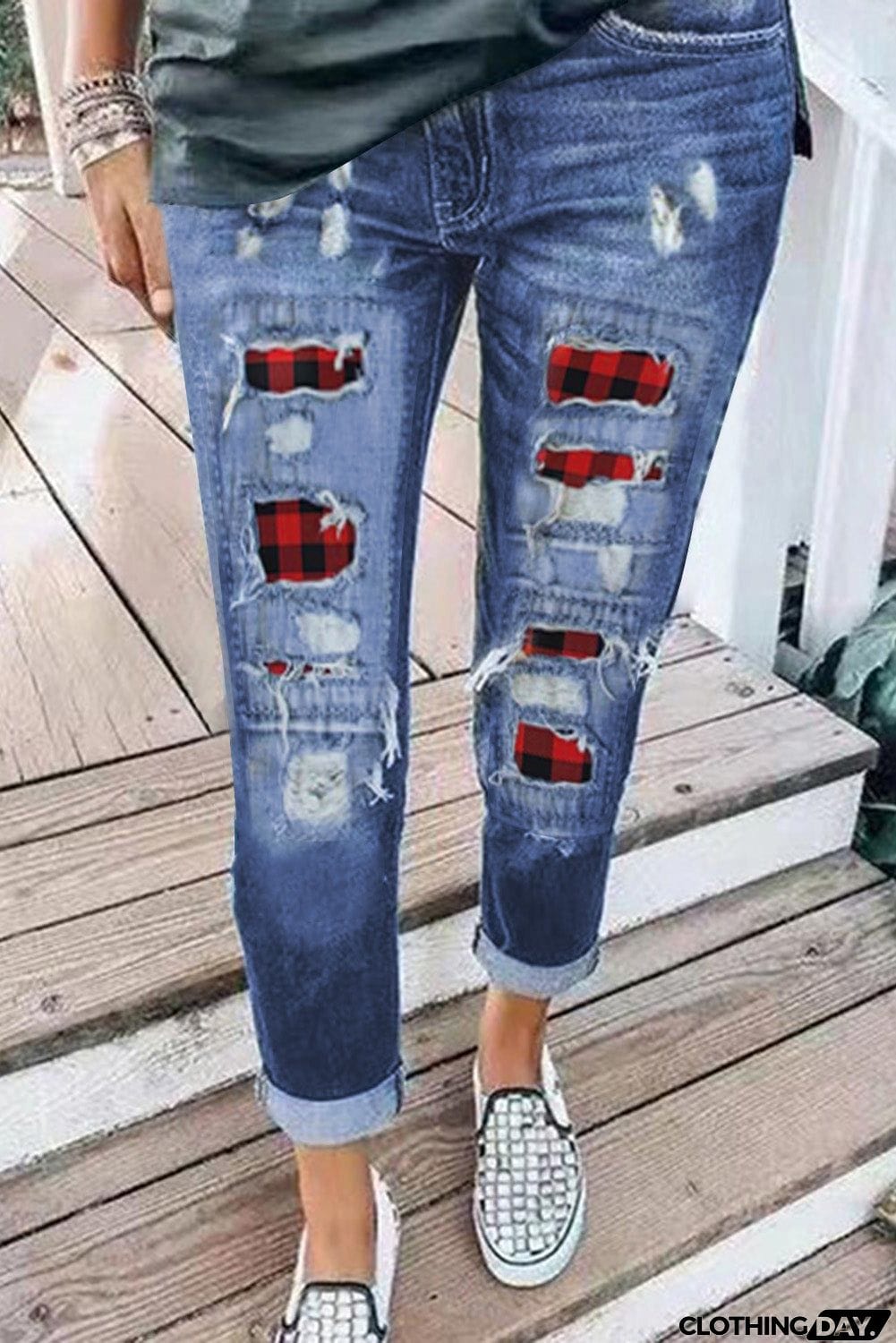 Ripped Plaid Straight Legs Jeans