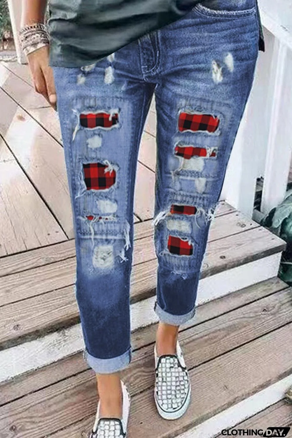 Ripped Plaid Straight Legs Jeans