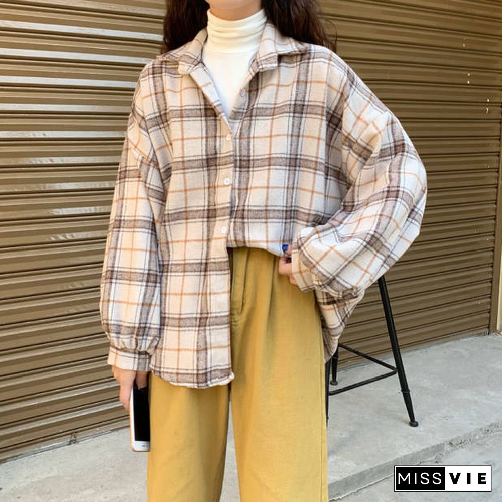 Women Plaid Warm Shirt Female Jacket Checked Coat Casual Turn-Down Collar Long Sleeve Autumn Blouse Fashion Loose Outwear Tops