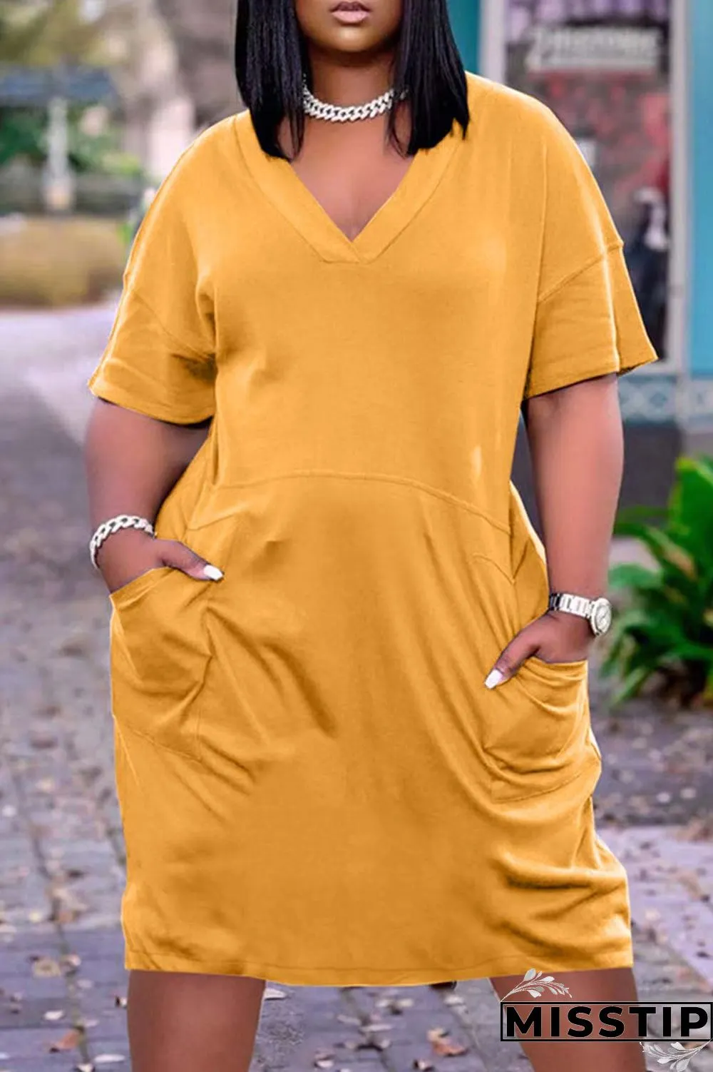 Dark Blue Fashion Casual Solid Basic V Neck Short Sleeve Dress