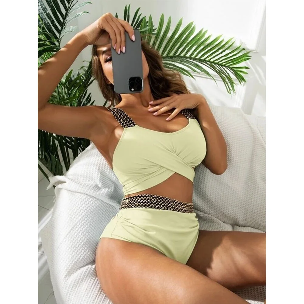 2022 New Women Two Piece Cross Wrap Bathing Suit Tie Back High Waist Tummy Control Swimsuit Curvy Bikini Set Swimwear biquini