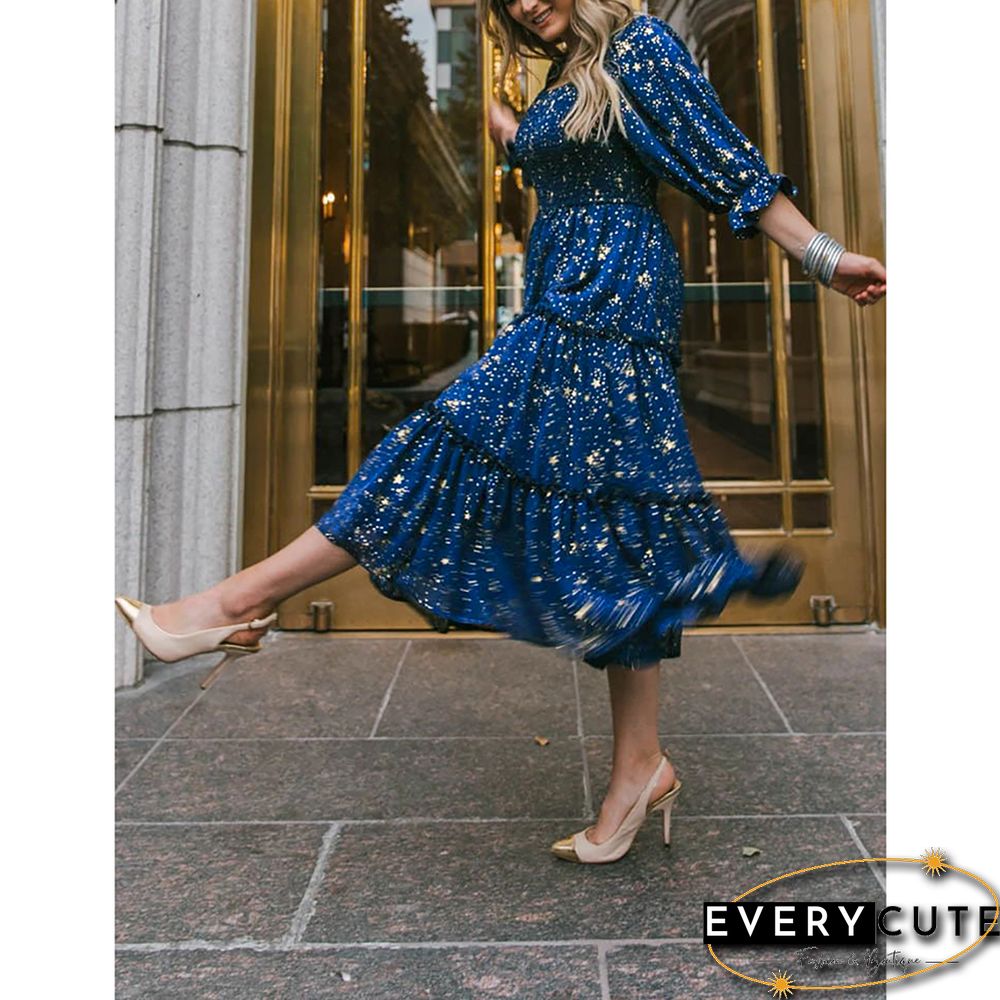 Navy Blue Square Collar Pleated 1/2 Sleeve Floral Dress