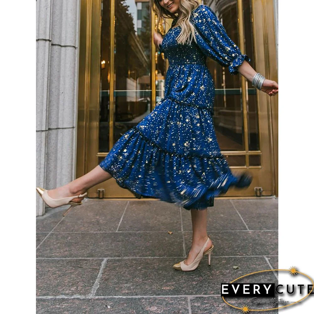 Navy Blue Square Collar Pleated 1/2 Sleeve Floral Dress