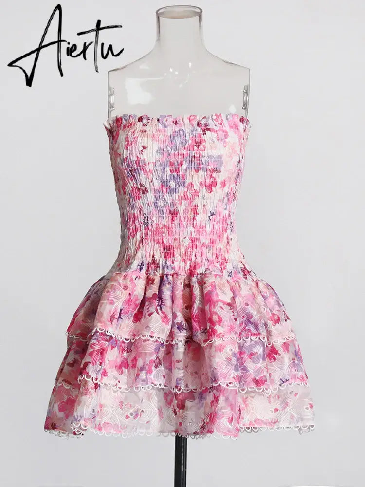 Aiertu Colorblock Printing Dress For Women Strapless Sleeveless High Waist Patchwork Folds Slimming Dresses Female Fashion Aiertu