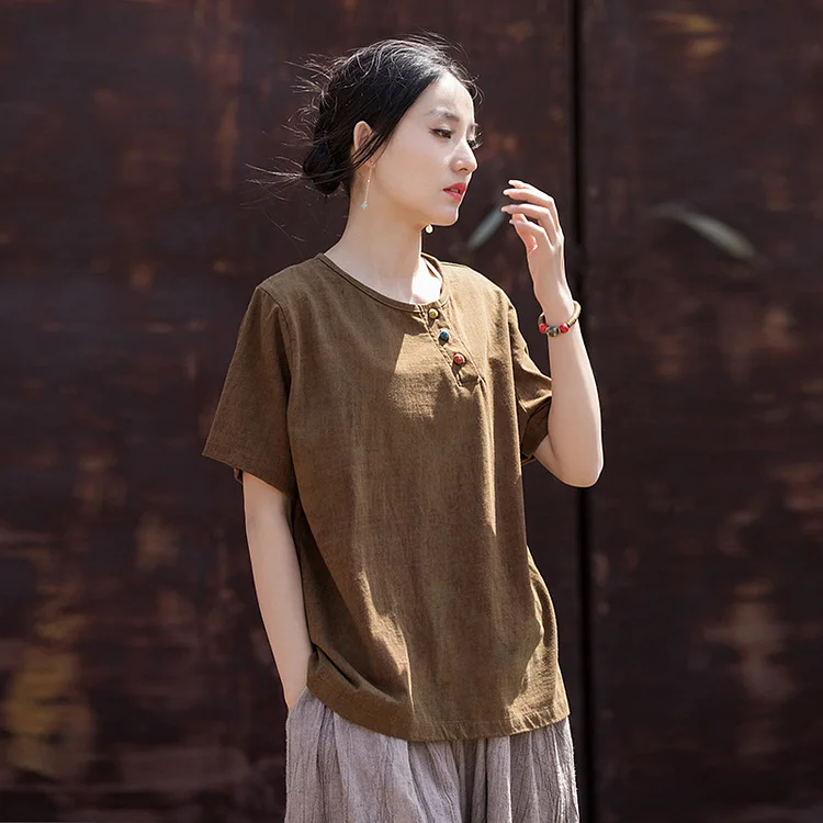 Casual Colorful Plate Linen T-Shirt