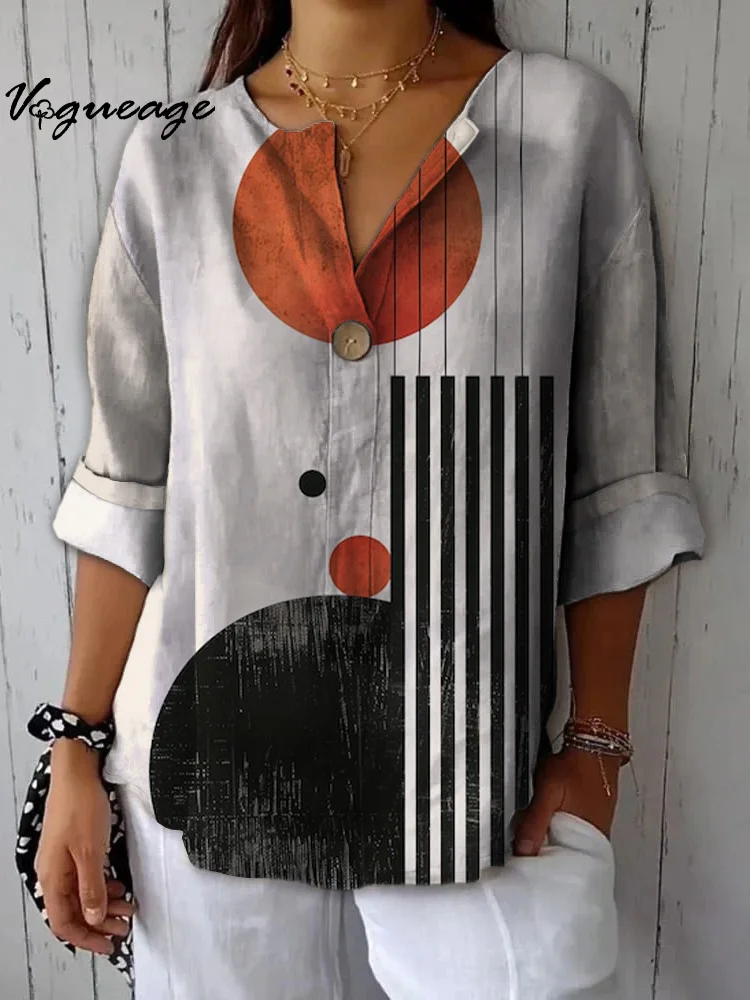 Fashion Design With Circles And Lines Printed Cotton And Linen Shirt