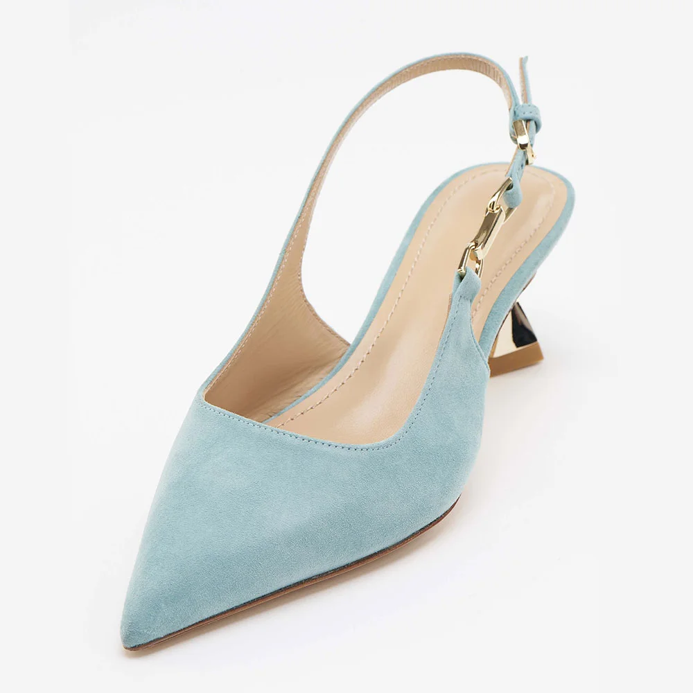 Light Blue Vegan Suede Pointed Toe Buckle Slingback Pumps Heels