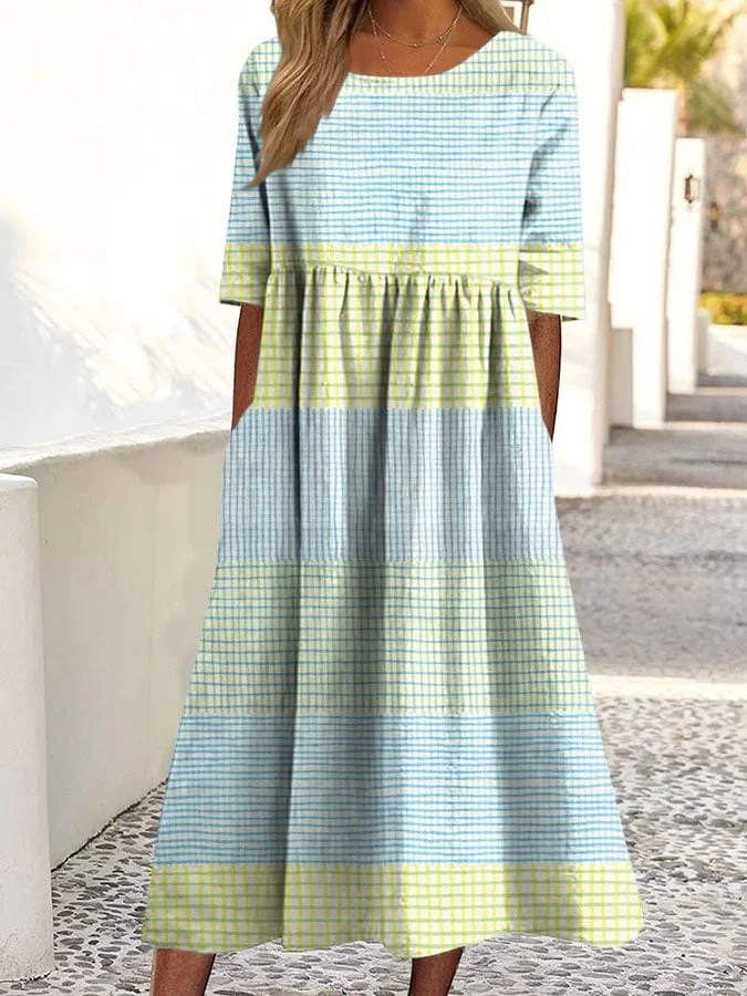 Women's Casual Round Neck Half Sleeve Striped Contrast Print Dress 