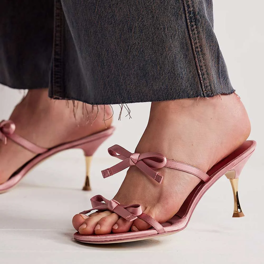 Pink Satin Opened Square Toe Bow Strappy Mules With Stiletto Heels Nicepairs