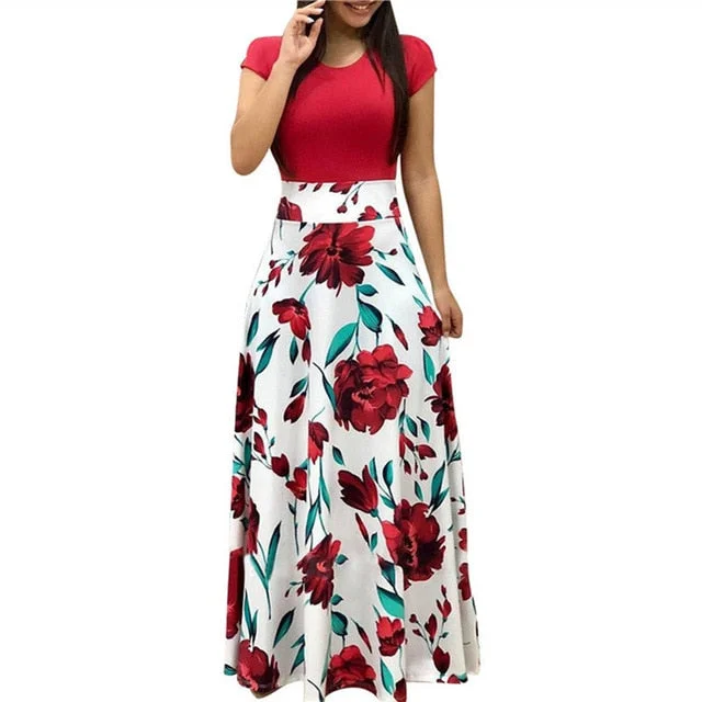 Floral Print Summer Boho Dress Women Casual Short Sleeve Patchwork Dress Ladies Elegant Party Dress Long Maxi Dresses Vestidos
