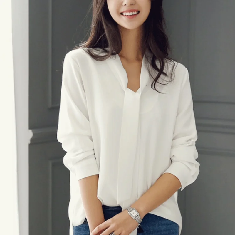 Casual White Blue Chiffon OL Blouse Shirt Top 2023 Fashion Mujer Blouses Long Sleeve Blouse Women Female Tops A137