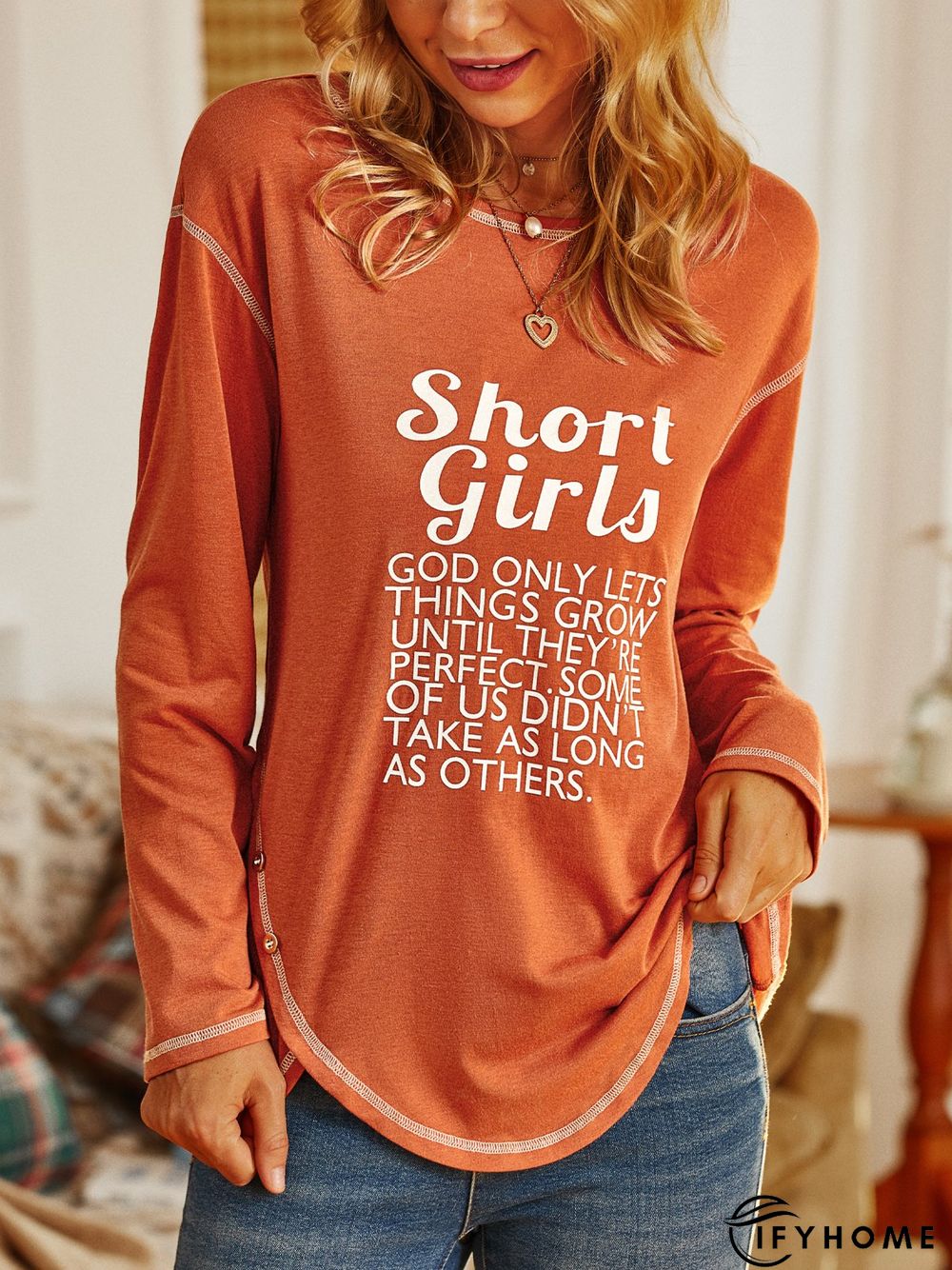 Letters Long Sleeve Crew Neck Buttoned Casual T-Shirt | IFYHOME