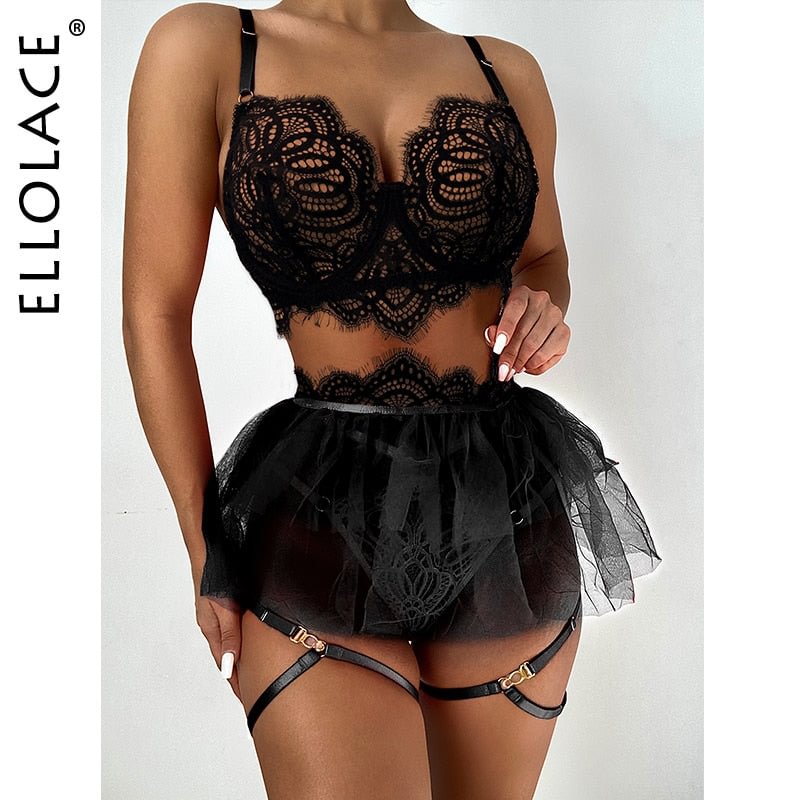 Ellolace Red Sensual Lingerie Sexy Ruffled Lace Garters Exotic Costumes 3-Piece Hot Erotic Underwear Porn Intimate Bilizna Set