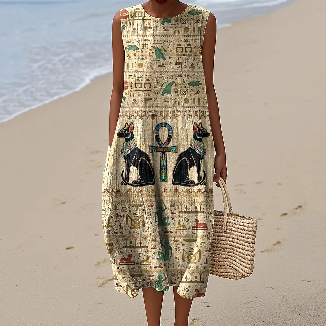 Ancient Egyptian Inspired Vintage Linen Casual Sleeveless Dress