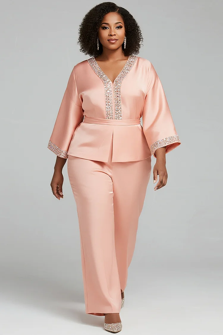 Xpluswear Design Plus Size Mother Of The Bride Pink V Neck 3/4 Sleeve Wrap Elegant Satin Two Piece Pant Sets [Pre-Order] 2024 - Xpluswear