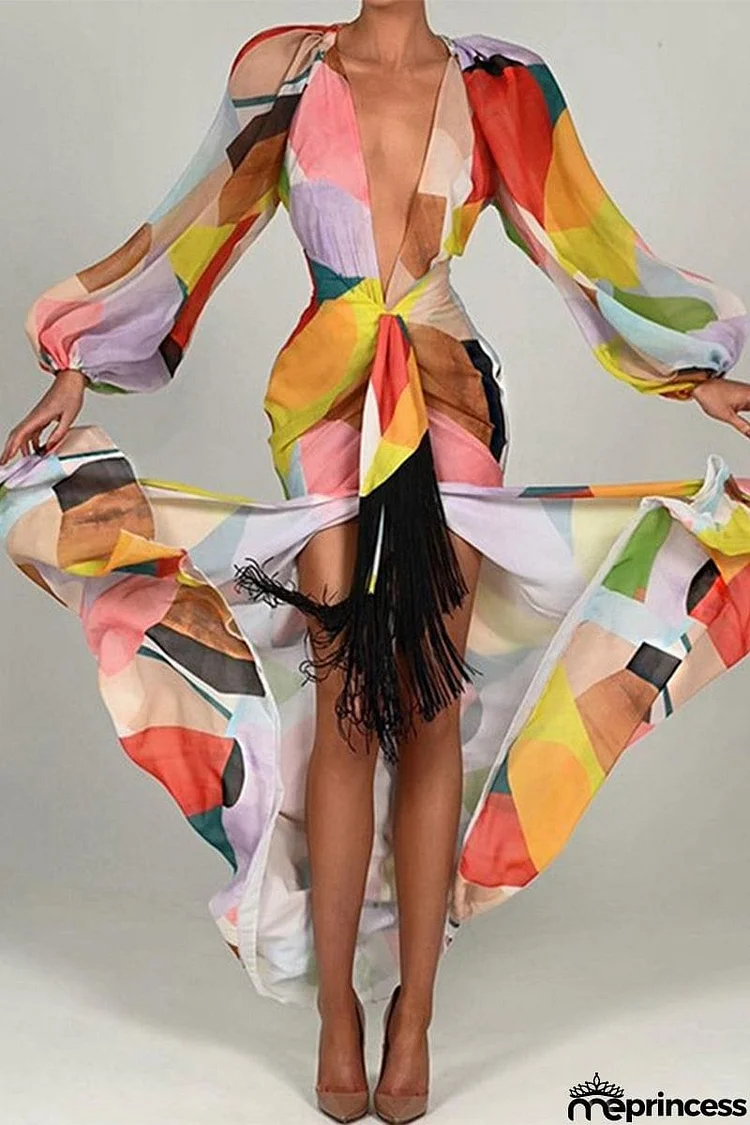 Sexy Elegant Geometric Print Patchwork V Neck Printed Dress Dresses