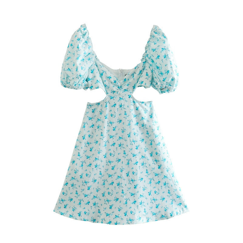 Llyge Women Elegant Floral Printed Dresses 2024 Summer Hollow Out Soft Touch Party Dress Female Fashion Short Sleeve A Line Outfit llyge
