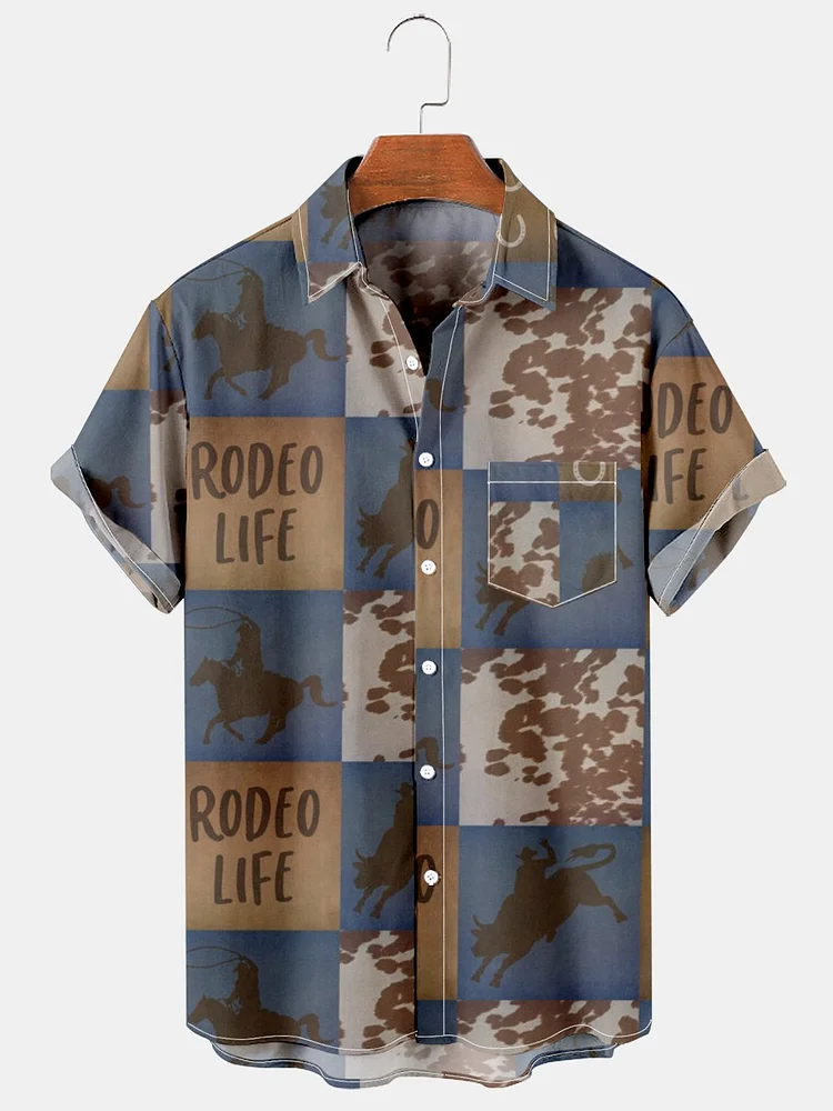 Men's Western Denim Color Block Printed Casual Shirt