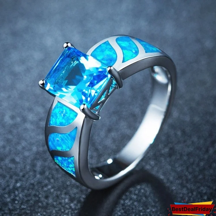 Blue Fire Opal Rings Jewelry Women Rectangle Rings White Gold Color Fashion Christmas Gift for Female