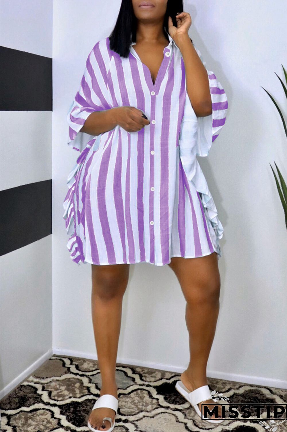 Light Blue Fashion Casual Striped Print Patchwork Turndown Collar Shirt Dress Dresses