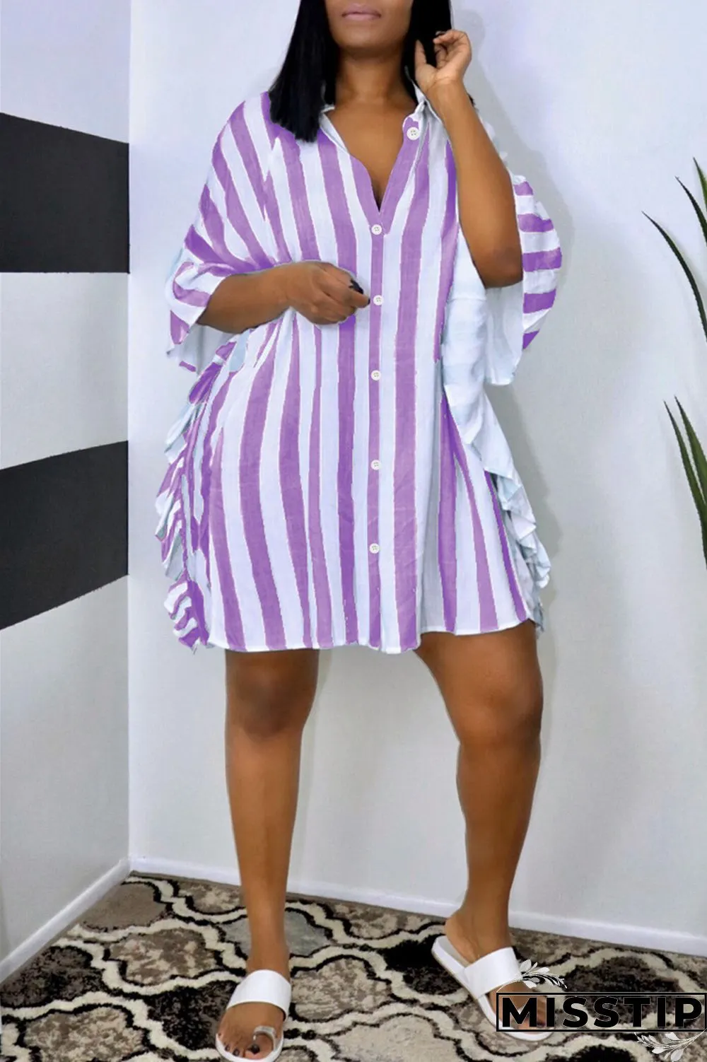 Light Blue Fashion Casual Striped Print Patchwork Turndown Collar Shirt Dress Dresses