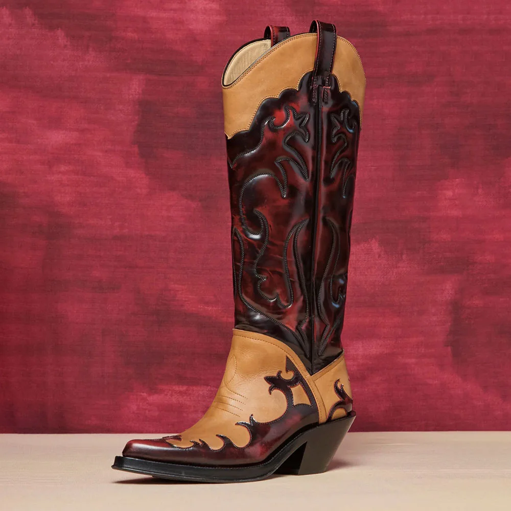 Light Brown & Maroon Chunky Low Stitching Tall Cowboy Boots for Women