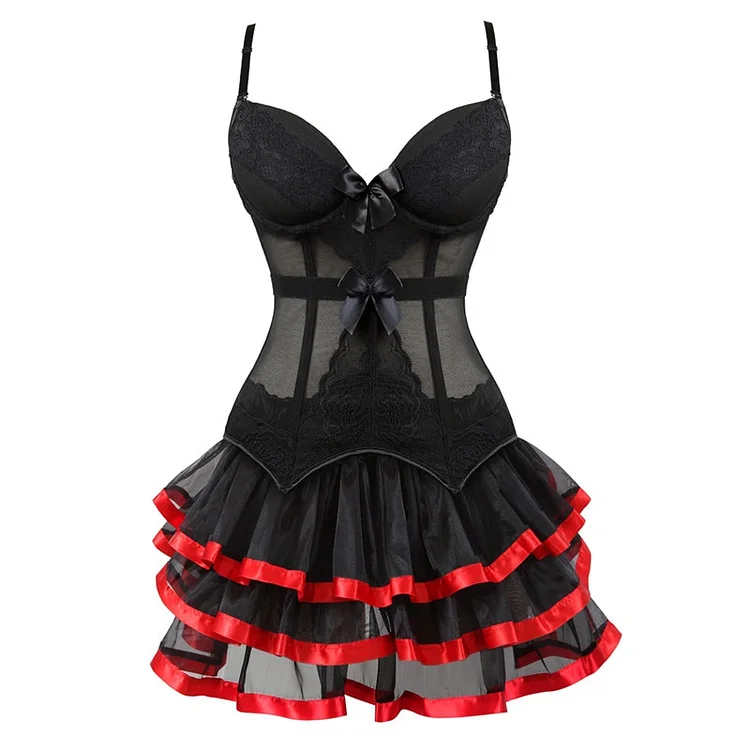 Gothic Dark Tiered Spaghetti Plunging Neck Bowknot See Through Mini Dress
