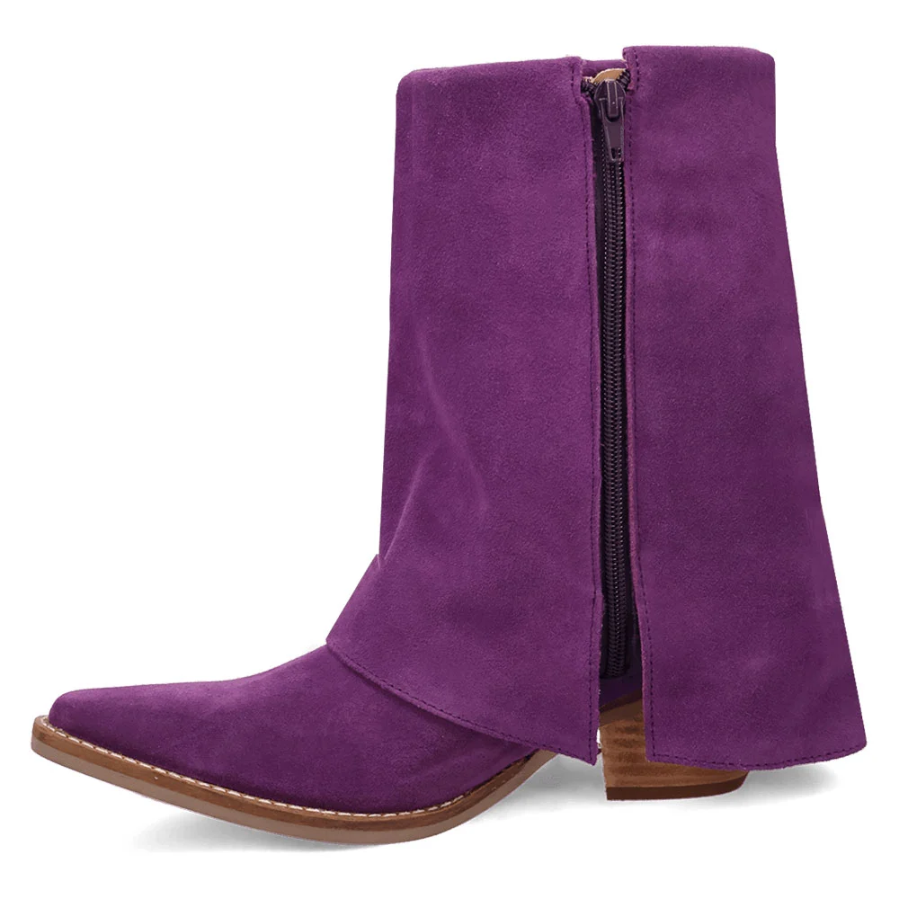 Chic Purple Fringe Almond Toe Fold Over Western Boots for Women