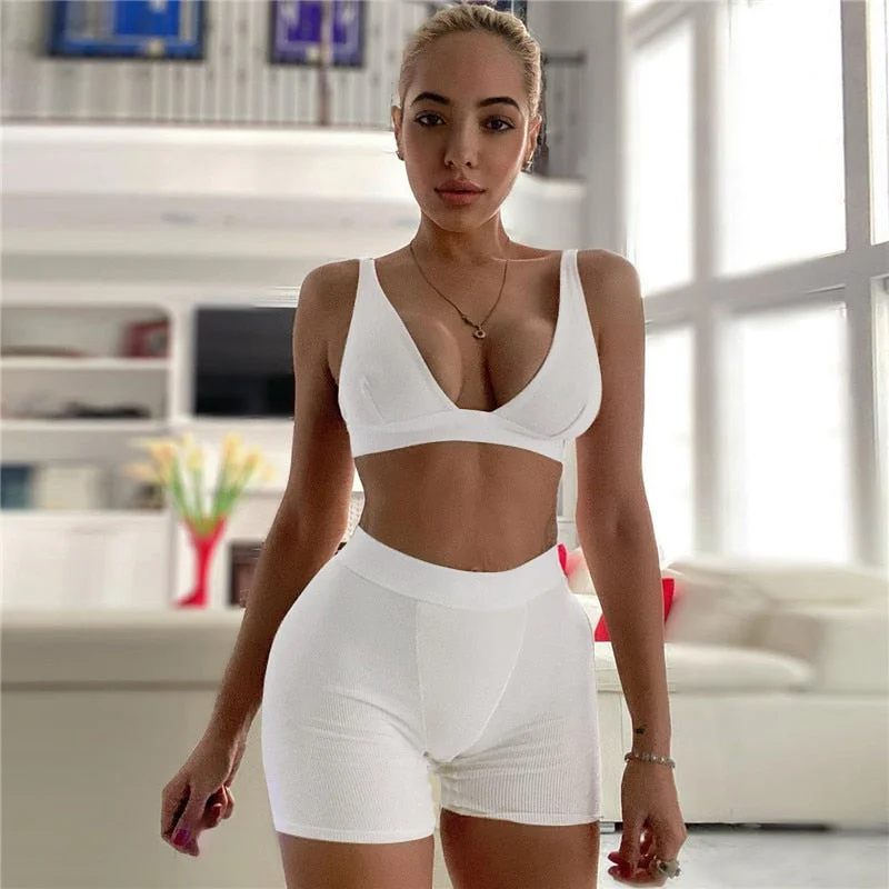 Dulzura Ribbed Patchwork Women Two Piece Set Bra Crop Top Biker Shorts Suits Bodycon Sexy Streetwear Matching Sporty Tracksuit