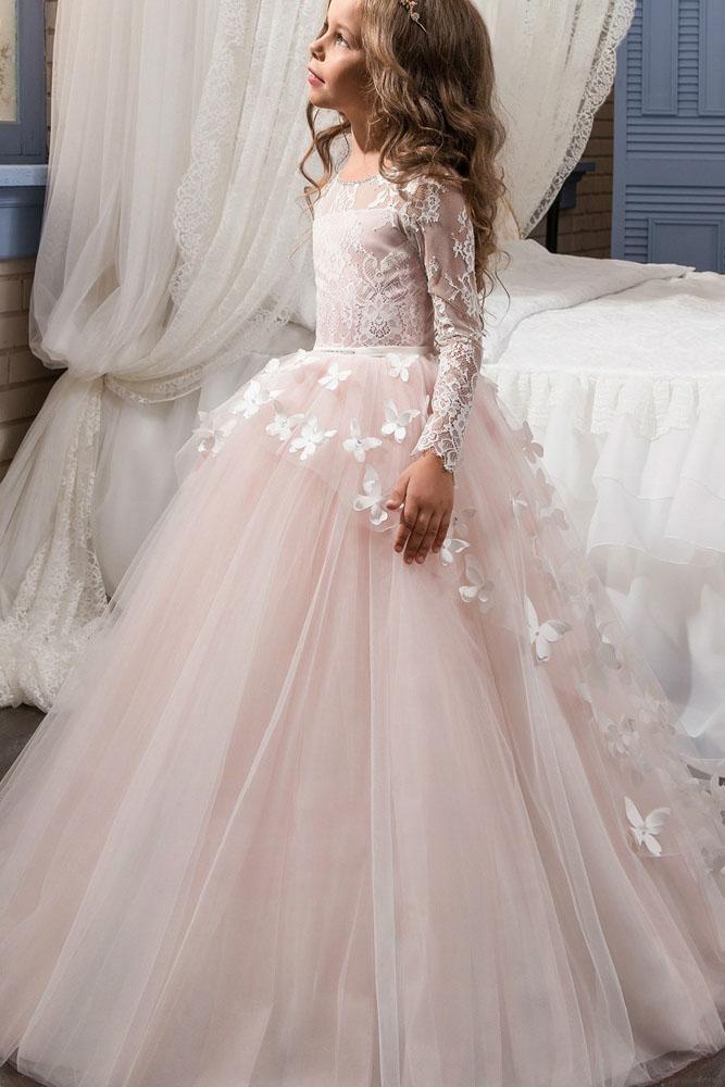 Beautiful White Scoop Neck Long Sleeves Ball Gown Flower Girls Dress with Lace Buttons - lulusllly