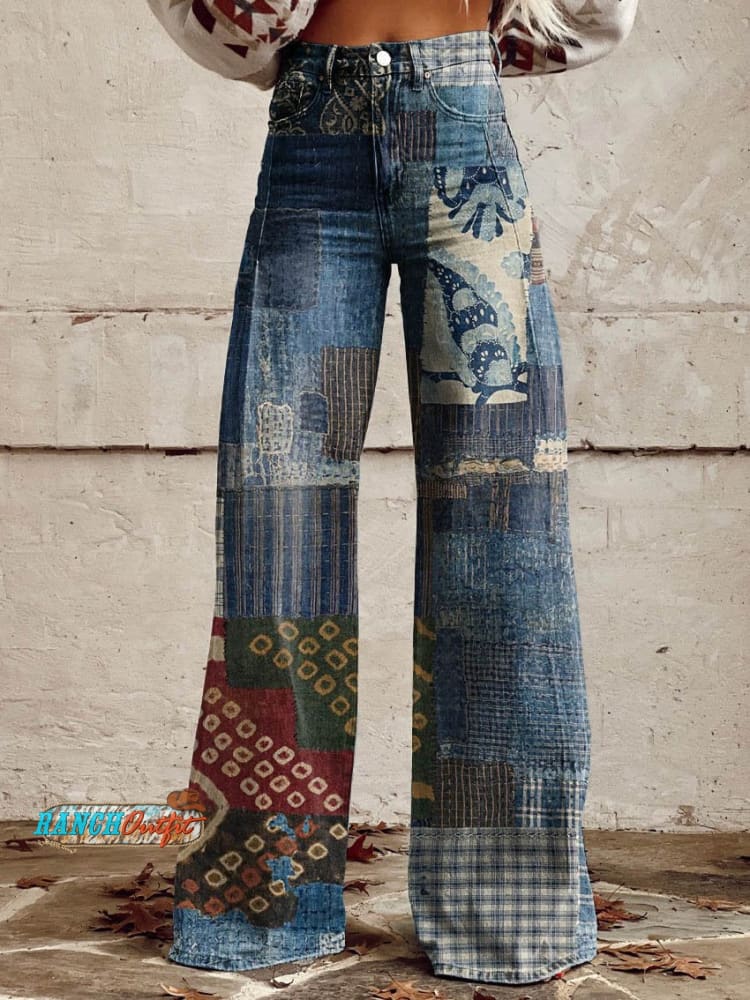Women’s Blue Patchwork Pattern Print Casual Wide Leg Pants Multicolor / S