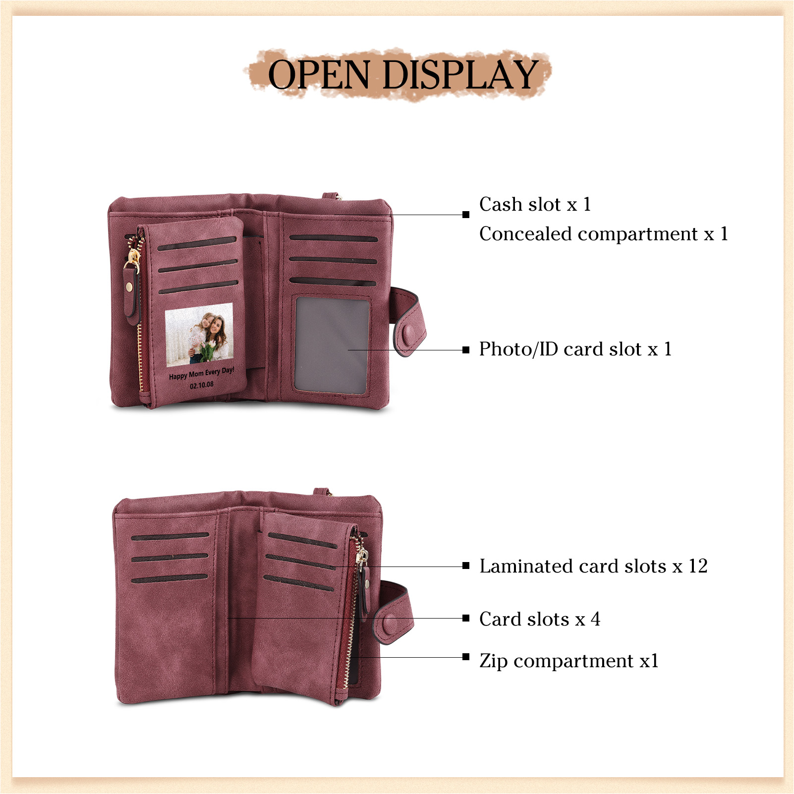 Portafoglio in PU pelle girasole con 1 letetra & 1 testo & 1 nome & 1 foto personalizzati per mamma/nonna