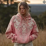 Women's Pink Flower Embroidery Art Long Sleeve Hoodie - Image 2
