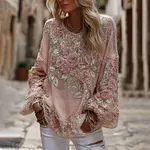 Women's Vintage Pink Rose Embroidered Art Round Neck Long Sleeve Blouse - Image 2