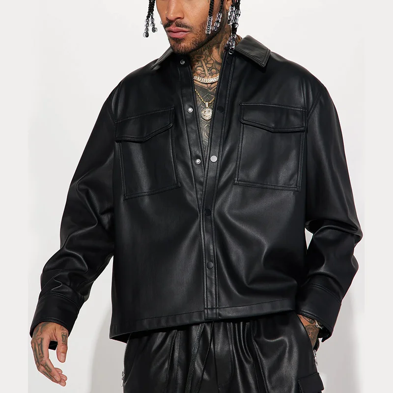 Men's Jacket Faux Leather Casual Pockets Black、、URBENIE