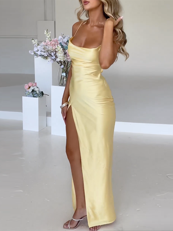 Solid Color Split-Side Sleeveless Wrap Spaghetti-Neck Maxi Dresses