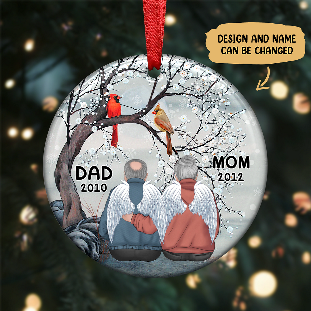 Memorial Gift - Dad Mom Cardinals Tree - Personalized Circle Ornament